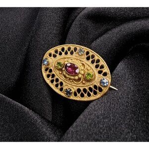 Antique Early 20th Century Gold-Tone Oval Filigree Brooch